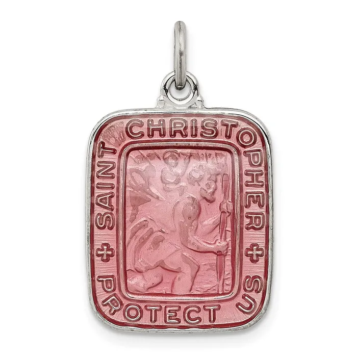 Necklaces TreasureFineJewelers Sterling Silver Pink Enamel Square St Christopher Medal Pendant Necklaces TreasureFineJewelers Sterling Silver Pink Enamel Square St Christopher Medal Pendant