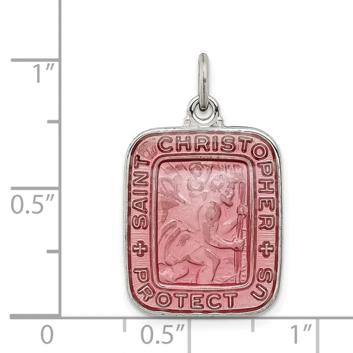 Necklaces TreasureFineJewelers Sterling Silver Pink Enamel Square St Christopher Medal Pendant