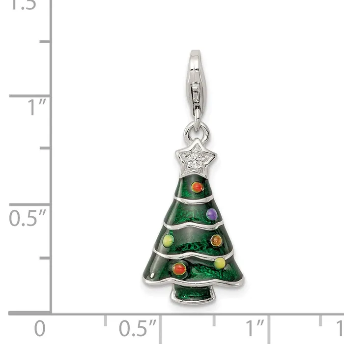Sterling Silver RHplated CZ Enameled Christmas Tree Charm TreasureFineJewelers Necklaces