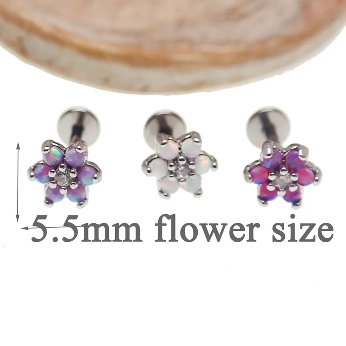 Earrings Body Clickers Surgical Steel Push fit Opal Flower