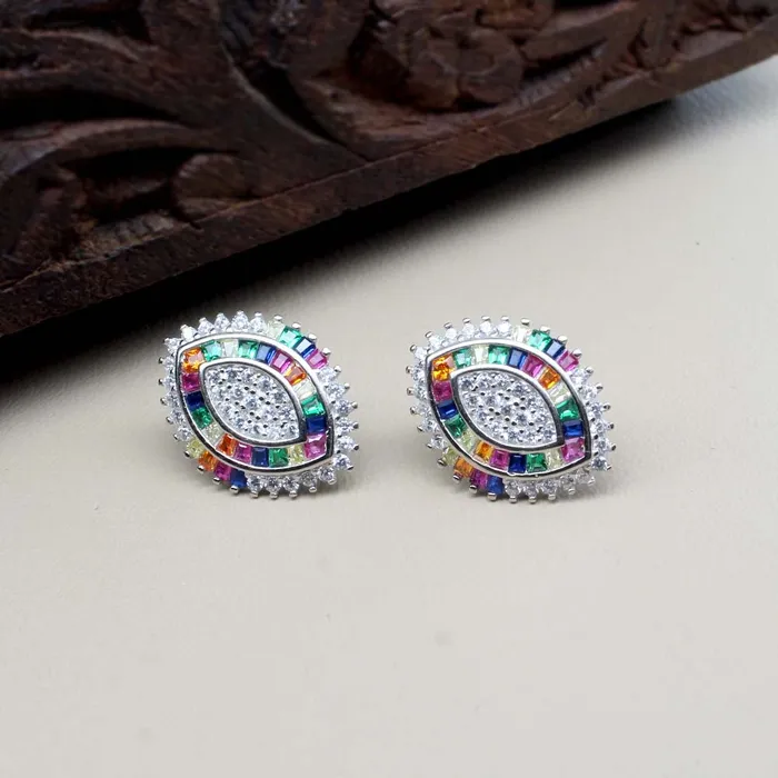 Earrings Real 925 Silver Rainbow Color CZ Stud Platinum Finish Earring Karizma Jewels