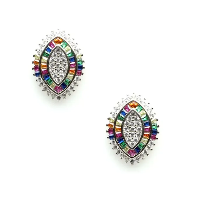 Earrings Real 925 Silver Rainbow Color CZ Stud Platinum Finish Earring Karizma Jewels