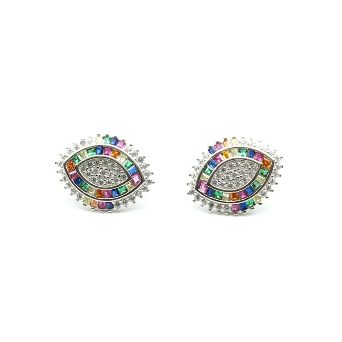 Earrings Real 925 Silver Rainbow Color CZ Stud Platinum Finish Earring Karizma Jewels