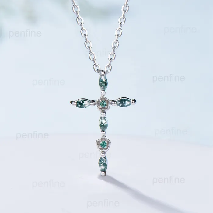 Necklaces PENFINE Cross Pendant Necklace Moss Agate Flower Emerald Necklace Aquatic Agate Retro Vintage Agate Pendant White Gold Anniversary gift for women