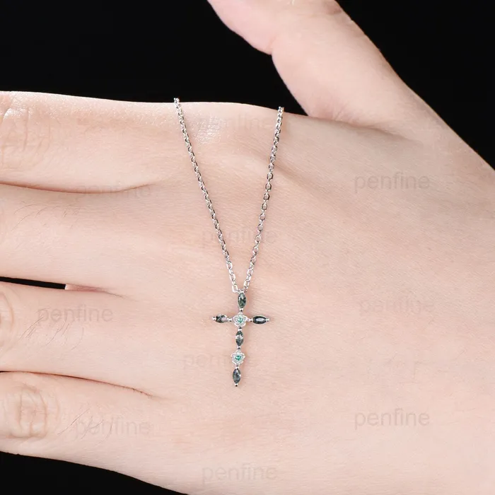 Necklaces PENFINE Cross Pendant Necklace Moss Agate Flower Emerald Necklace Aquatic Agate Retro Vintage Agate Pendant White Gold Anniversary gift for women Necklaces PENFINE Cross Pendant Necklace Moss Agate Flower Emerald Necklace Aquatic Agate Retro Vintage Agate Pendant White Gold Anniversary gift for women