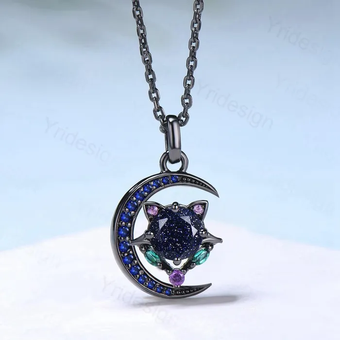 Necklaces Unique Black Gold Blue Sandstone Necklace Magic Crescent Moon Devil Pendant Necklace Sapphire Emerald Gothic Anniversary Gift for Daughter PENFINE Necklaces Unique Black Gold Blue Sandstone Necklace Magic Crescent Moon Devil Pendant Necklace Sapphire Emerald Gothic Anniversary Gift for Daughter PENFINE