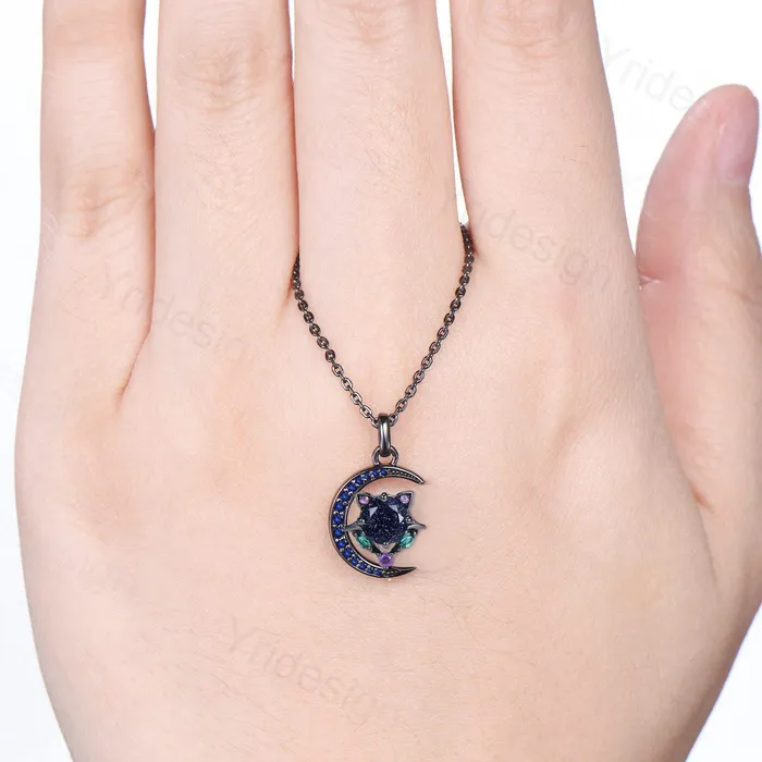 Necklaces Unique Black Gold Blue Sandstone Necklace Magic Crescent Moon Devil Pendant Necklace Sapphire Emerald Gothic Anniversary Gift for Daughter PENFINE Necklaces Unique Black Gold Blue Sandstone Necklace Magic Crescent Moon Devil Pendant Necklace Sapphire Emerald Gothic Anniversary Gift for Daughter PENFINE