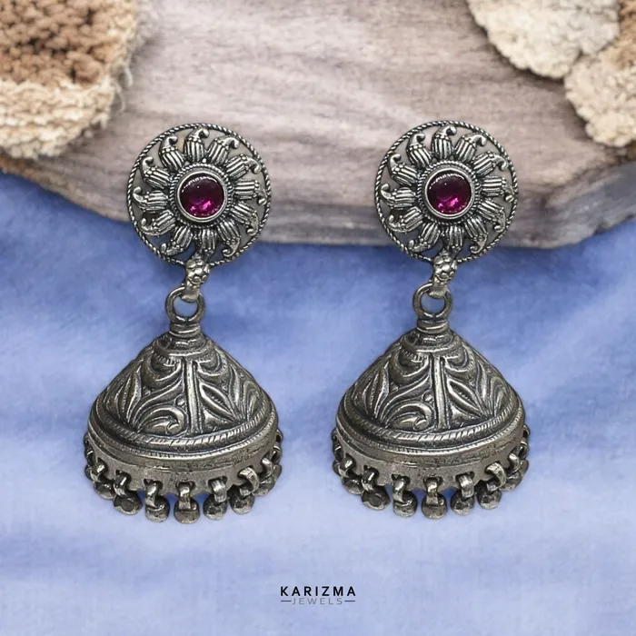 Rani Pink Stone 925 Sterling Silver Oxidized Handcrafted women Earrings Karizma Jewels Earrings