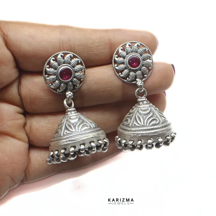 Rani Pink Stone 925 Sterling Silver Oxidized Handcrafted women Earrings Karizma Jewels Earrings