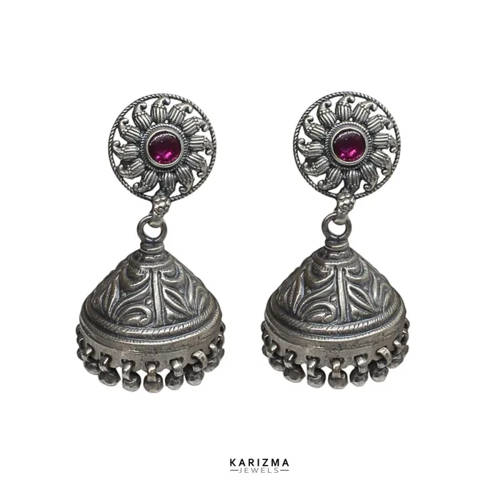 Rani Pink Stone 925 Sterling Silver Oxidized Handcrafted women Earrings Karizma Jewels Earrings