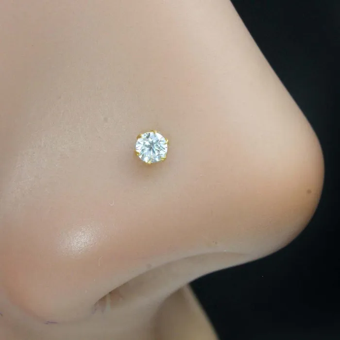 Tiny Indian White CZ Nose Stud Nose Pin Solid 14k Yellow Gold Karizma Jewels Earrings