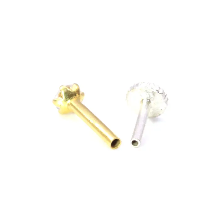 Tiny Indian White CZ Nose Stud Nose Pin Solid 14k Yellow Gold Karizma Jewels Earrings